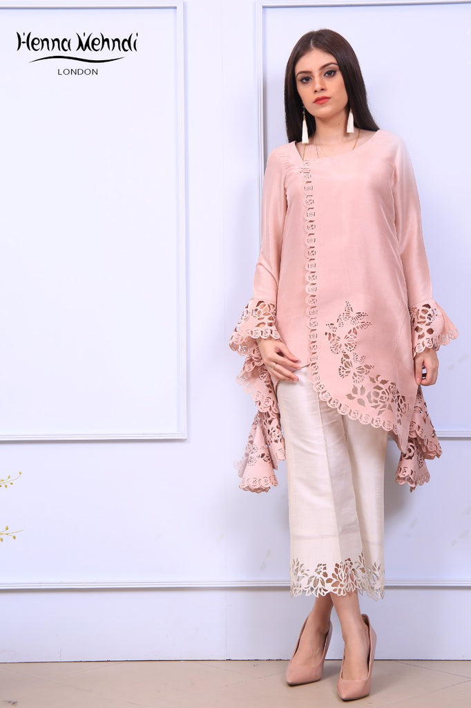 Tea Pink Ruffle Sleeves Laser Cut Outfit - Henna Mehndi