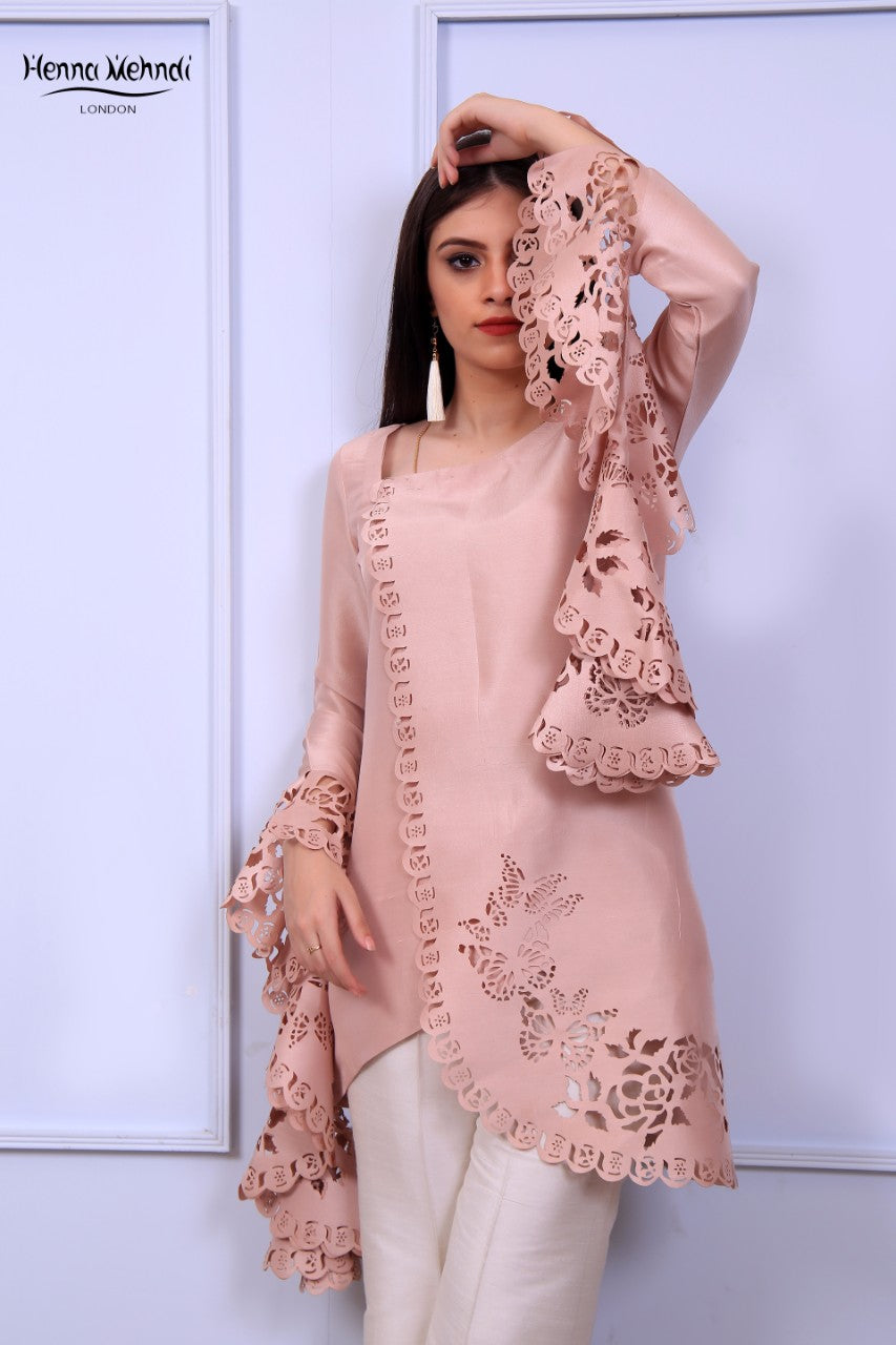 Tea Pink Ruffle Sleeves Laser Cut Outfit - Henna Mehndi