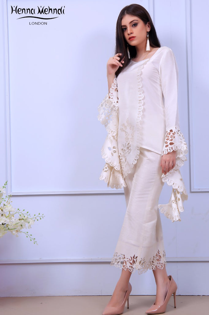 White Ruffle Sleeves Laser Cut Outfit - Henna Mehndi