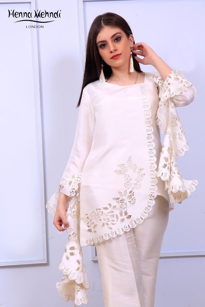 White Ruffle Sleeves Laser Cut Outfit - Henna Mehndi