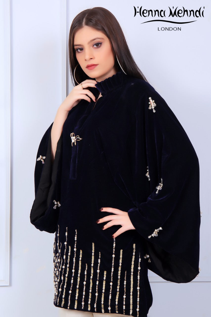 Black Velvet Pearl & Diamante Embroidered Silhouette - Henna Mehndi
