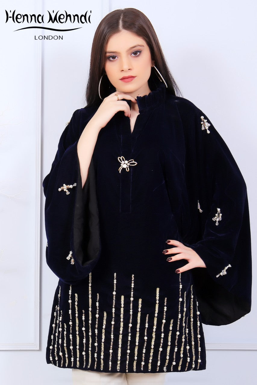 Black Velvet Pearl & Diamante Embroidered Silhouette - Henna Mehndi