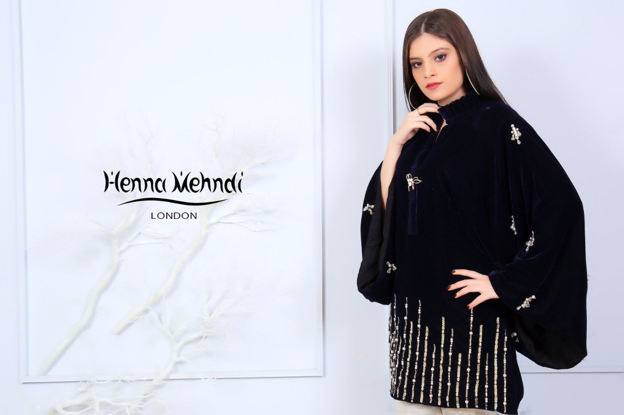 Black Velvet Pearl & Diamante Embroidered Silhouette - Henna Mehndi