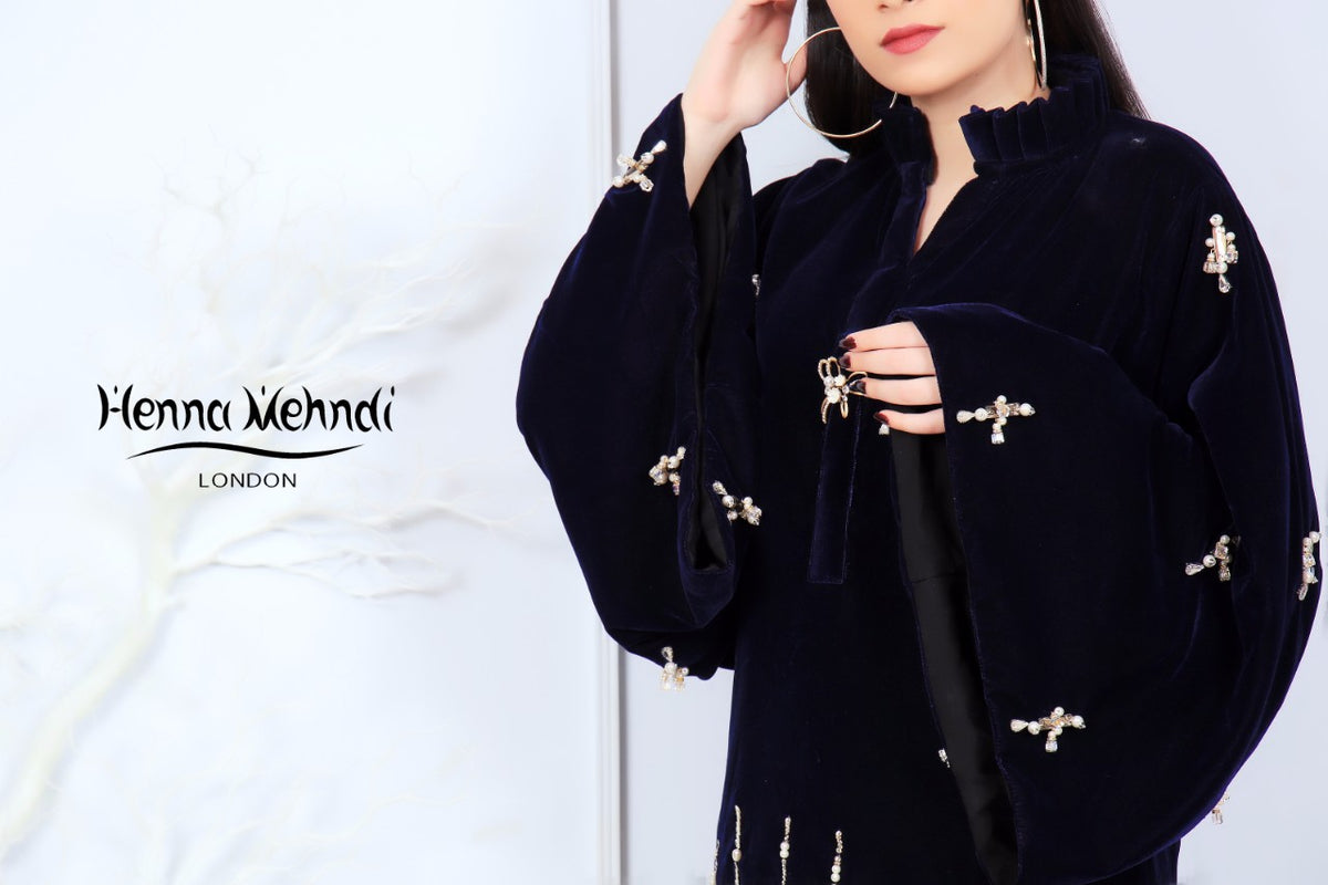 Black Velvet Pearl & Diamante Embroidered Silhouette - Henna Mehndi