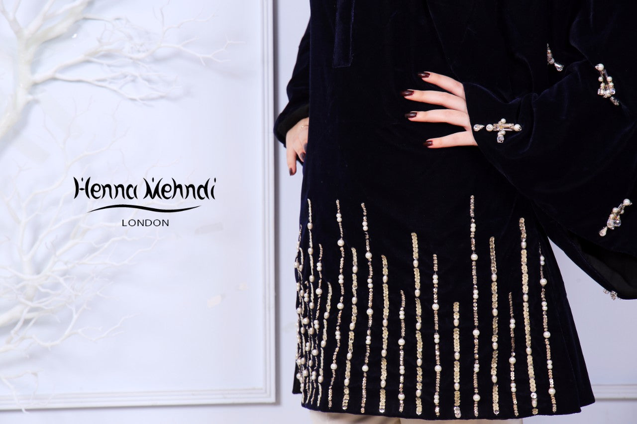 Black Velvet Pearl & Diamante Embroidered Silhouette - Henna Mehndi
