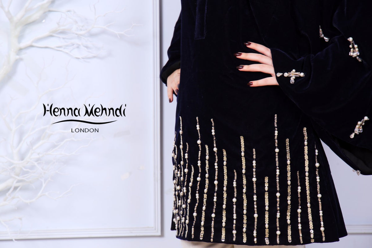 Black Velvet Pearl & Diamante Embroidered Silhouette - Henna Mehndi