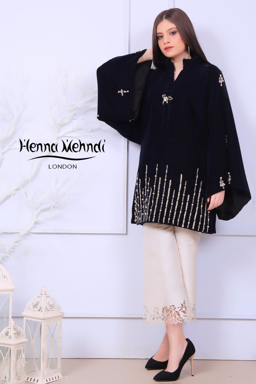 Black Velvet Pearl & Diamante Embroidered Outfit - Henna Mehndi