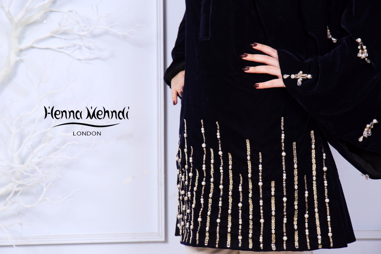 Black Velvet Pearl & Diamante Embroidered Outfit - Henna Mehndi