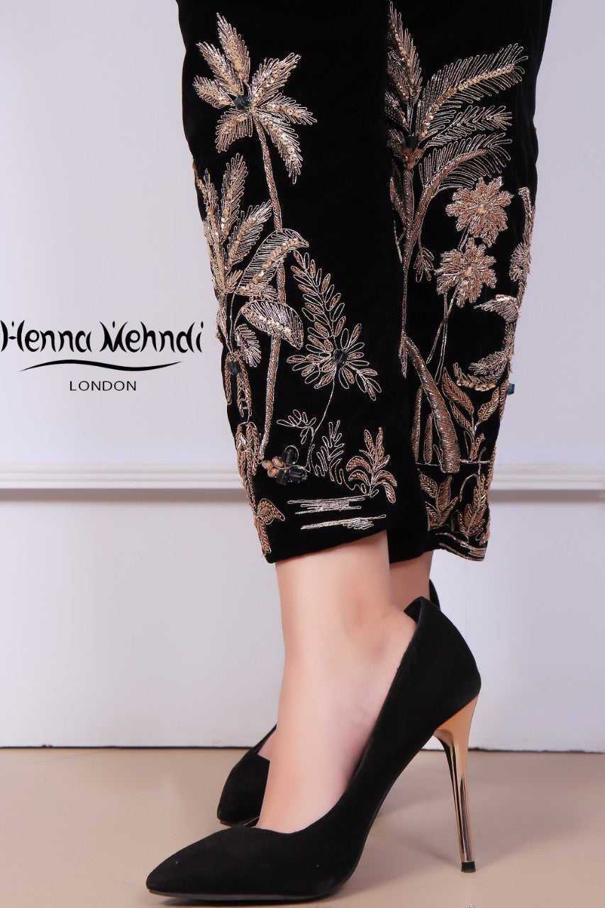 Black Velvet Embroidered Trousers - Henna Mehndi