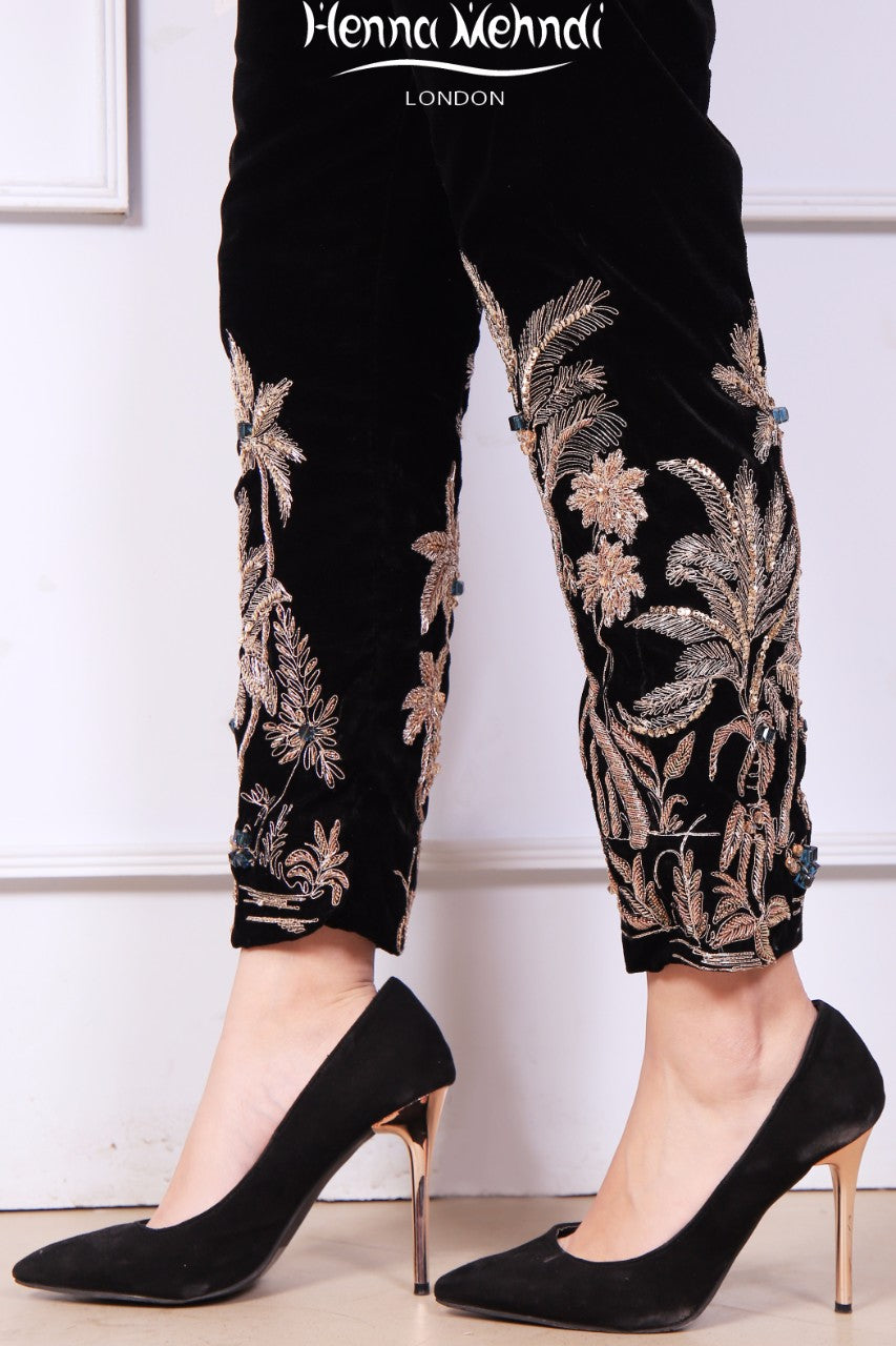 Black Velvet Embroidered Trousers - Henna Mehndi