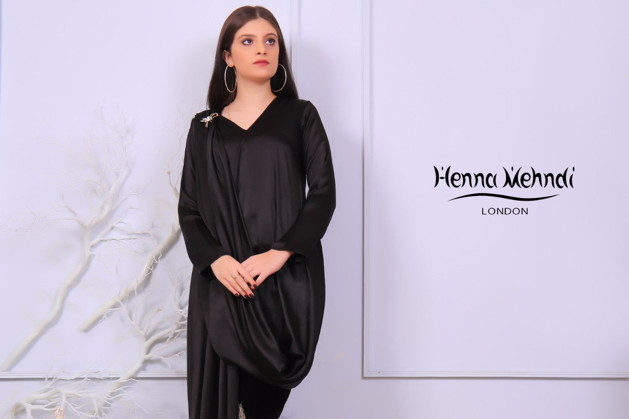 Black Silk Gown & Embroidered Velvet Trouser Outfit - Henna Mehndi