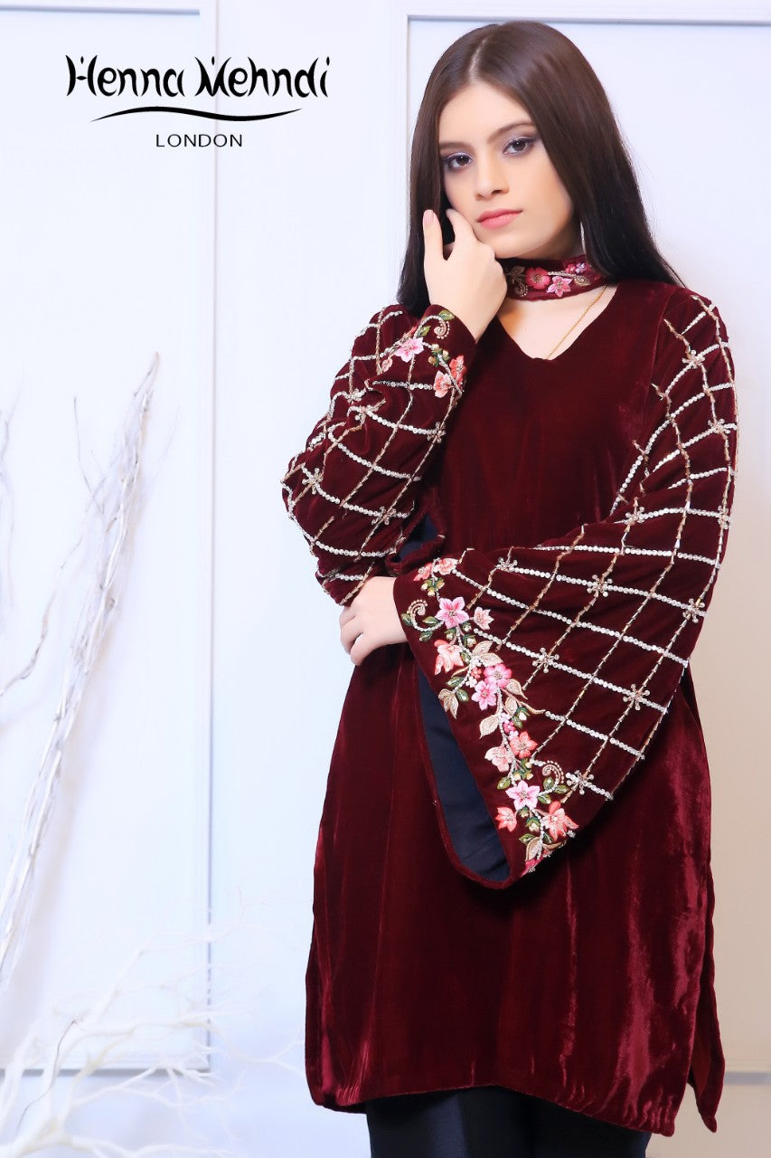 Maroon Velvet Embroidered Top - Henna Mehndi