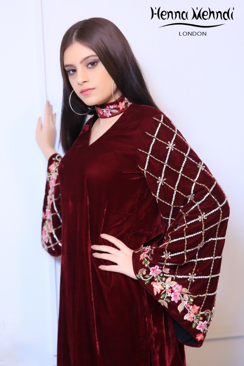 Maroon Velvet Embroidered Top - Henna Mehndi