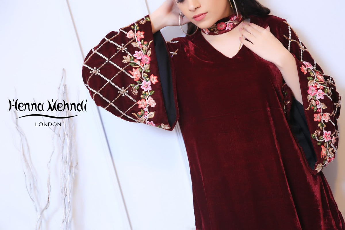 Maroon Velvet Embroidered Top - Henna Mehndi