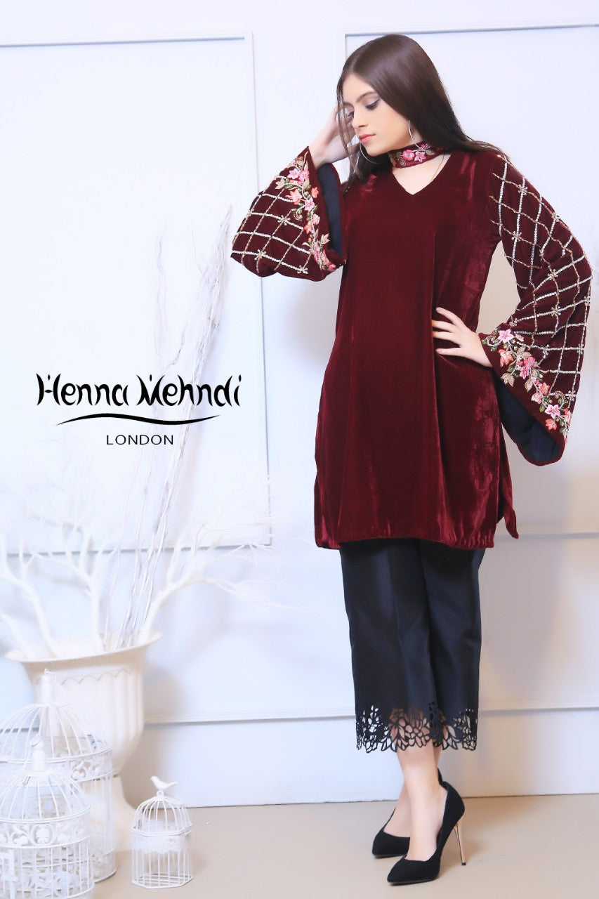 Maroon Velvet Embroidered Outfit - Henna Mehndi
