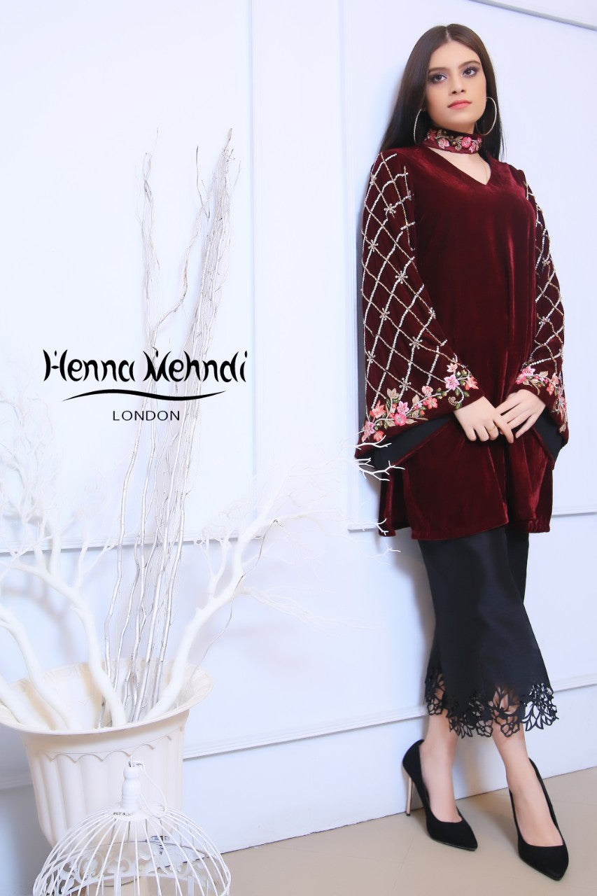 Maroon Velvet Embroidered Outfit - Henna Mehndi