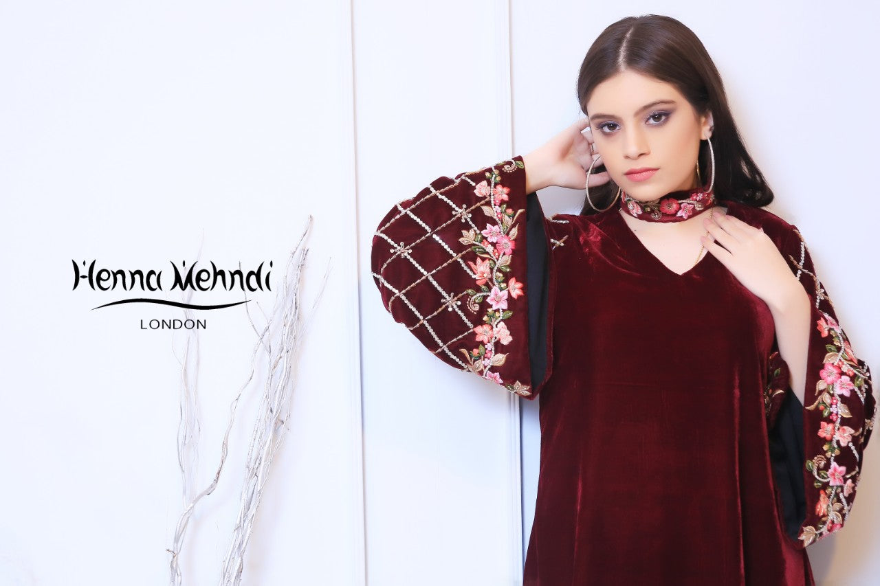 Maroon Velvet Embroidered Outfit - Henna Mehndi