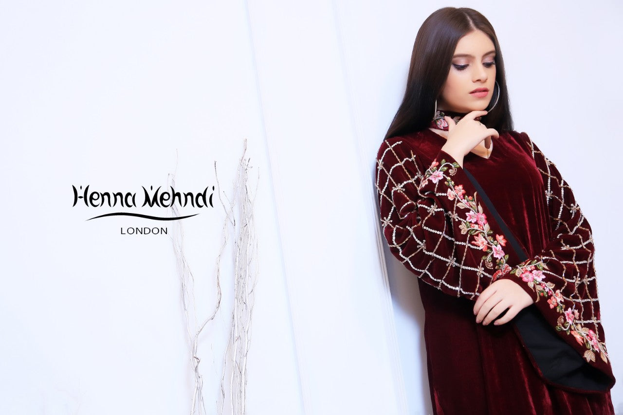 Maroon Velvet Embroidered Outfit - Henna Mehndi