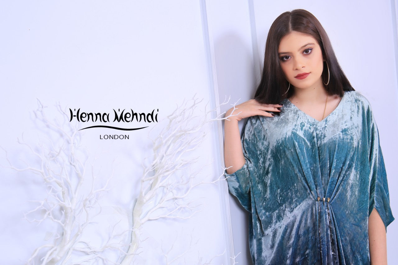 Teal Diamanté & Crystal Embellished Kaftan - Henna Mehndi
