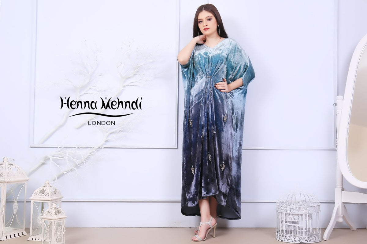 Teal Diamanté & Crystal Embellished Kaftan - Henna Mehndi