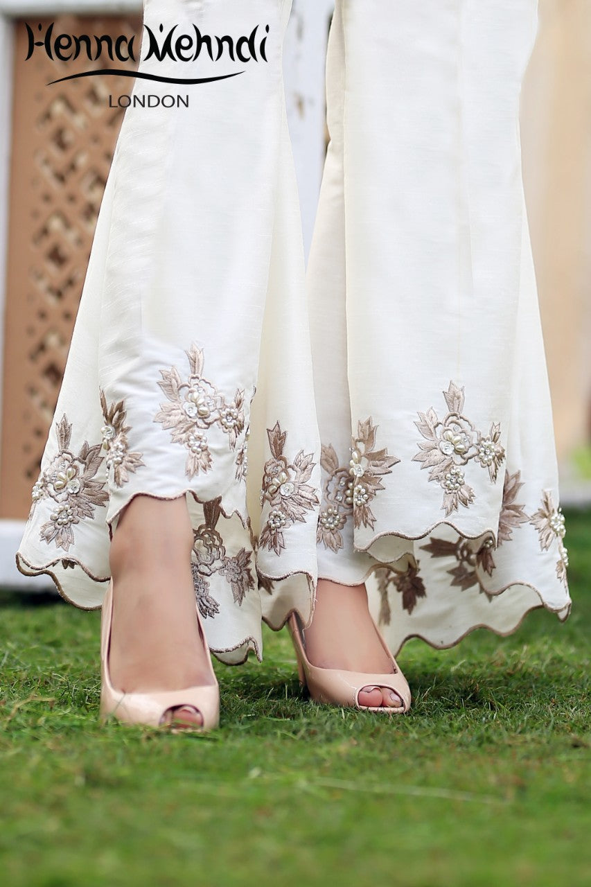 Ivory Embroidered Flared Trousers - Henna Mehndi