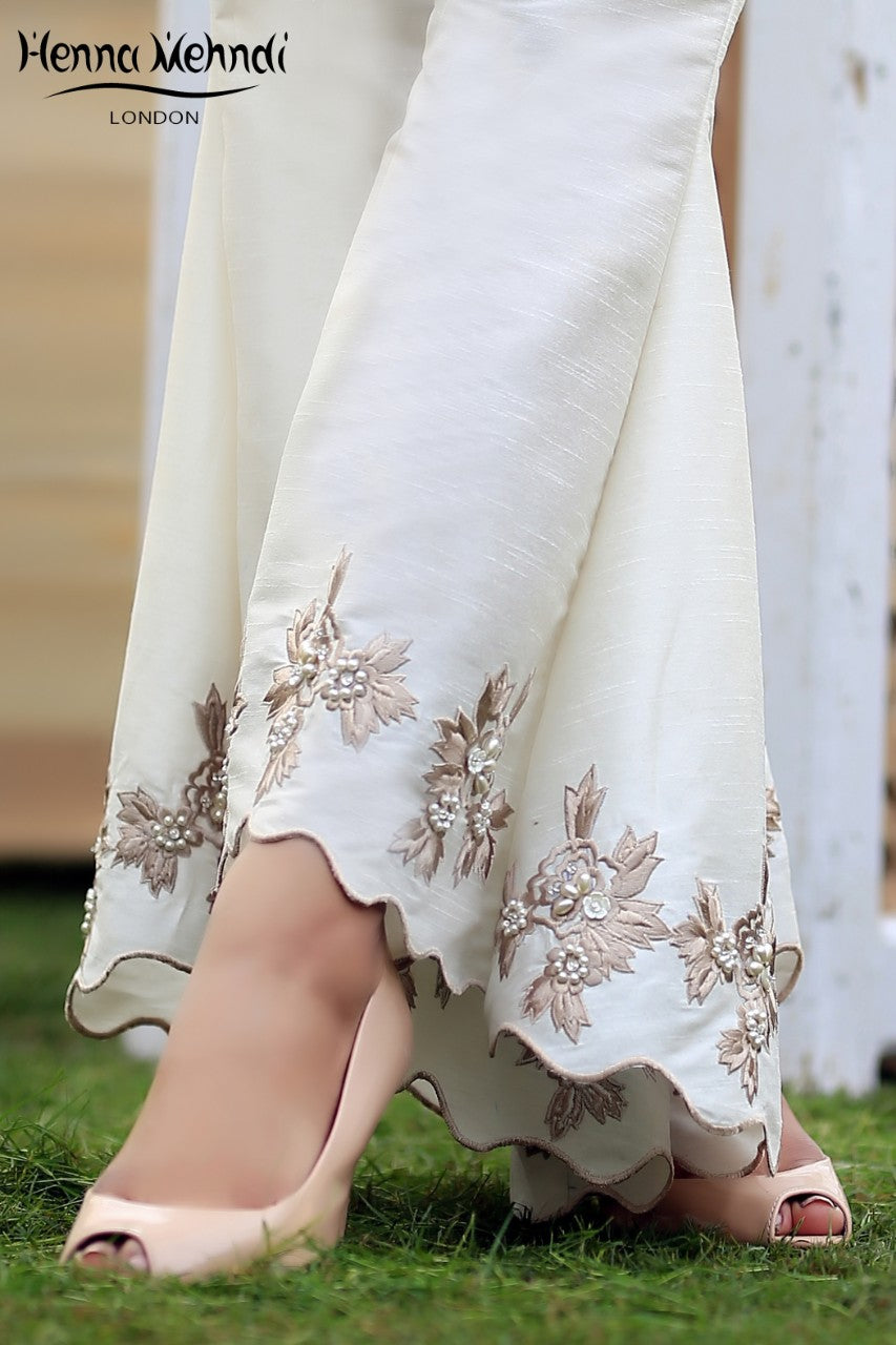 Ivory Embroidered Flared Trousers - Henna Mehndi