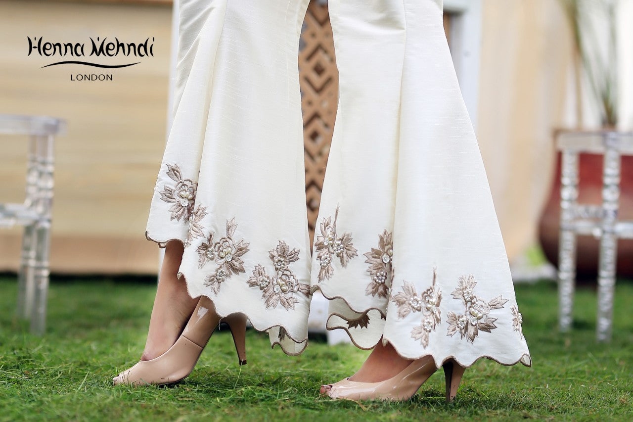 Ivory Embroidered Flared Trousers - Henna Mehndi