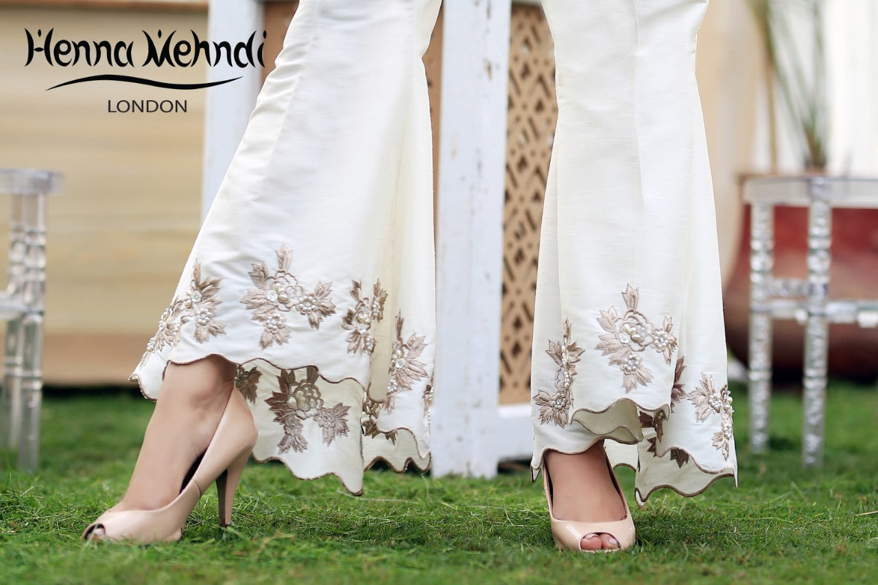 Ivory Embroidered Flared Trousers - Henna Mehndi