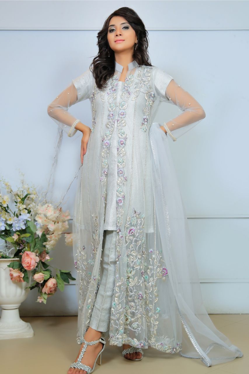 Grey Diamante Embroidered Gown Outfit - Henna Mehndi