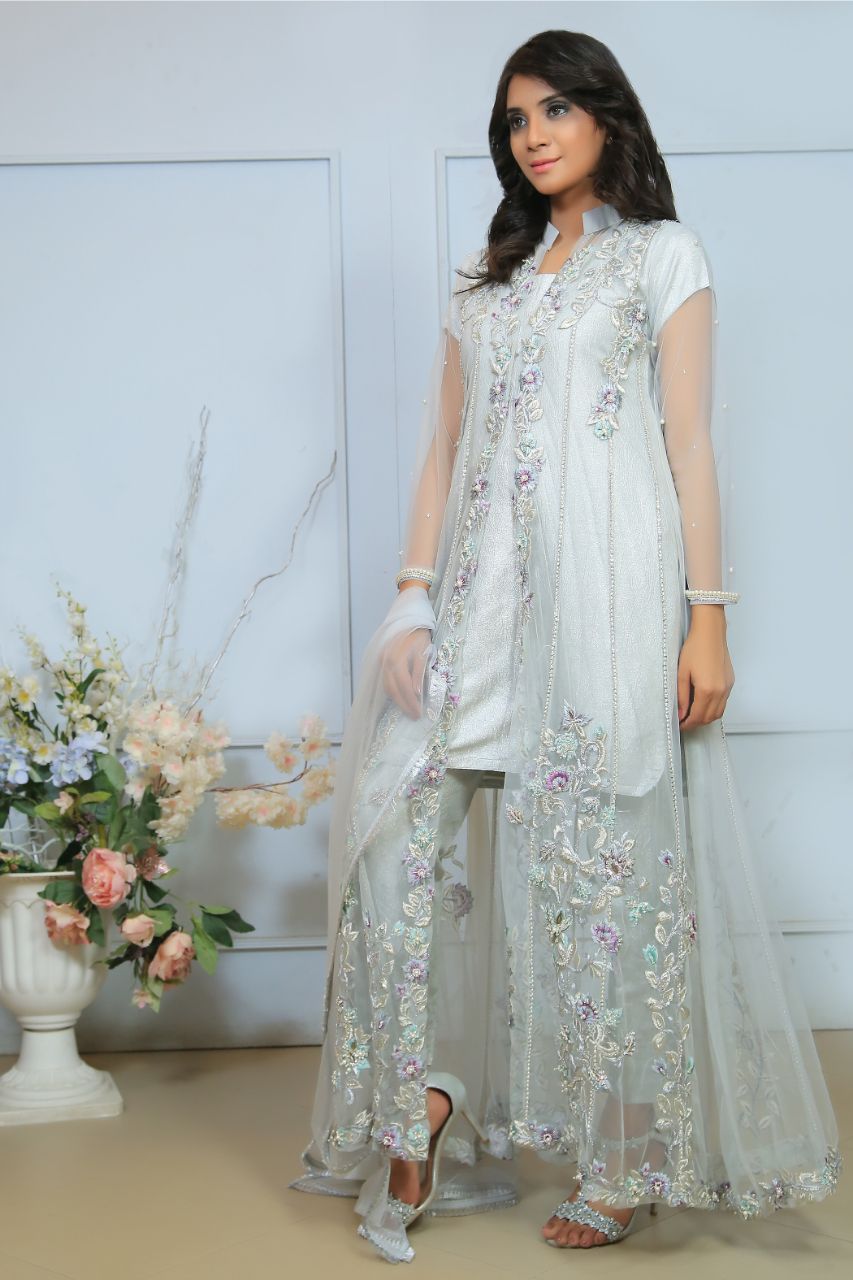 Grey Diamante Embroidered Gown Outfit - Henna Mehndi