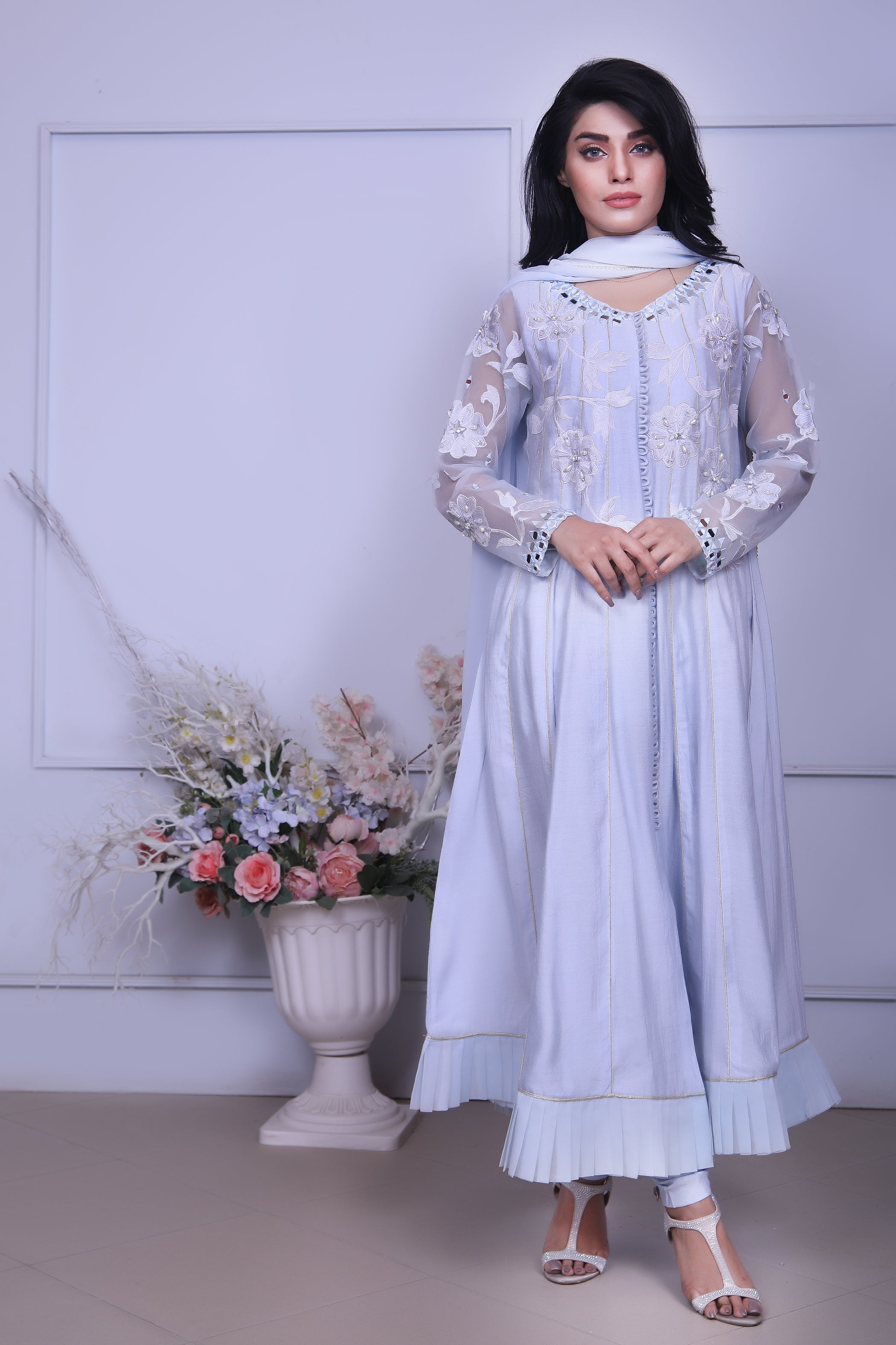 Ice Blue Embroidered Outfit - Henna Mehndi