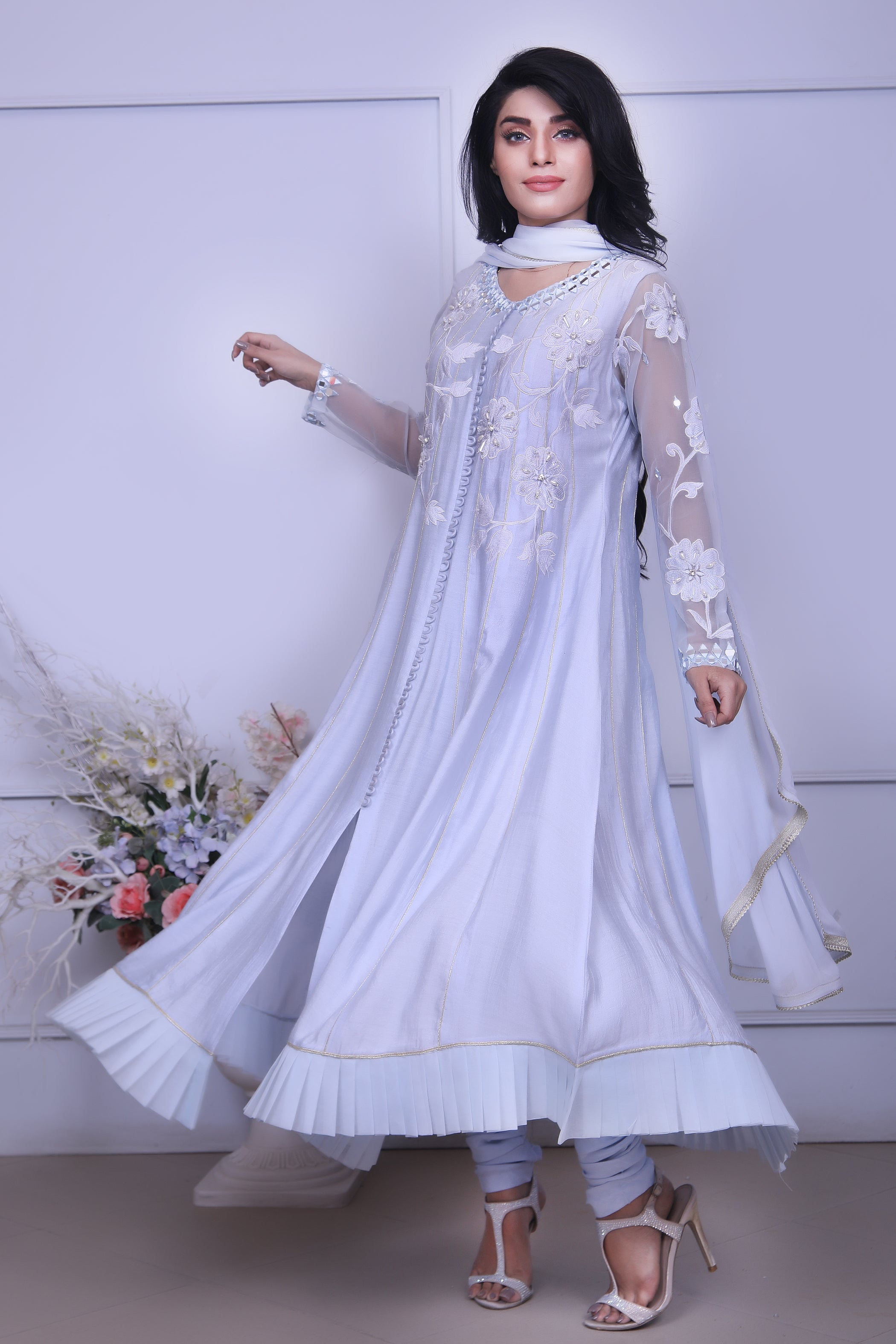 Ice Blue Embroidered Outfit - Henna Mehndi