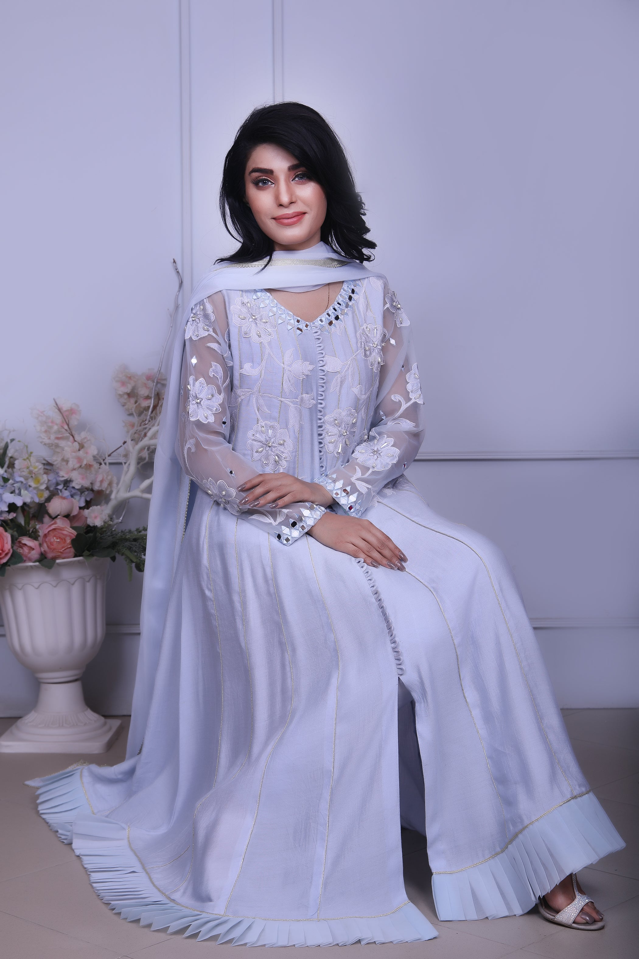 Ice Blue Embroidered Outfit - Henna Mehndi