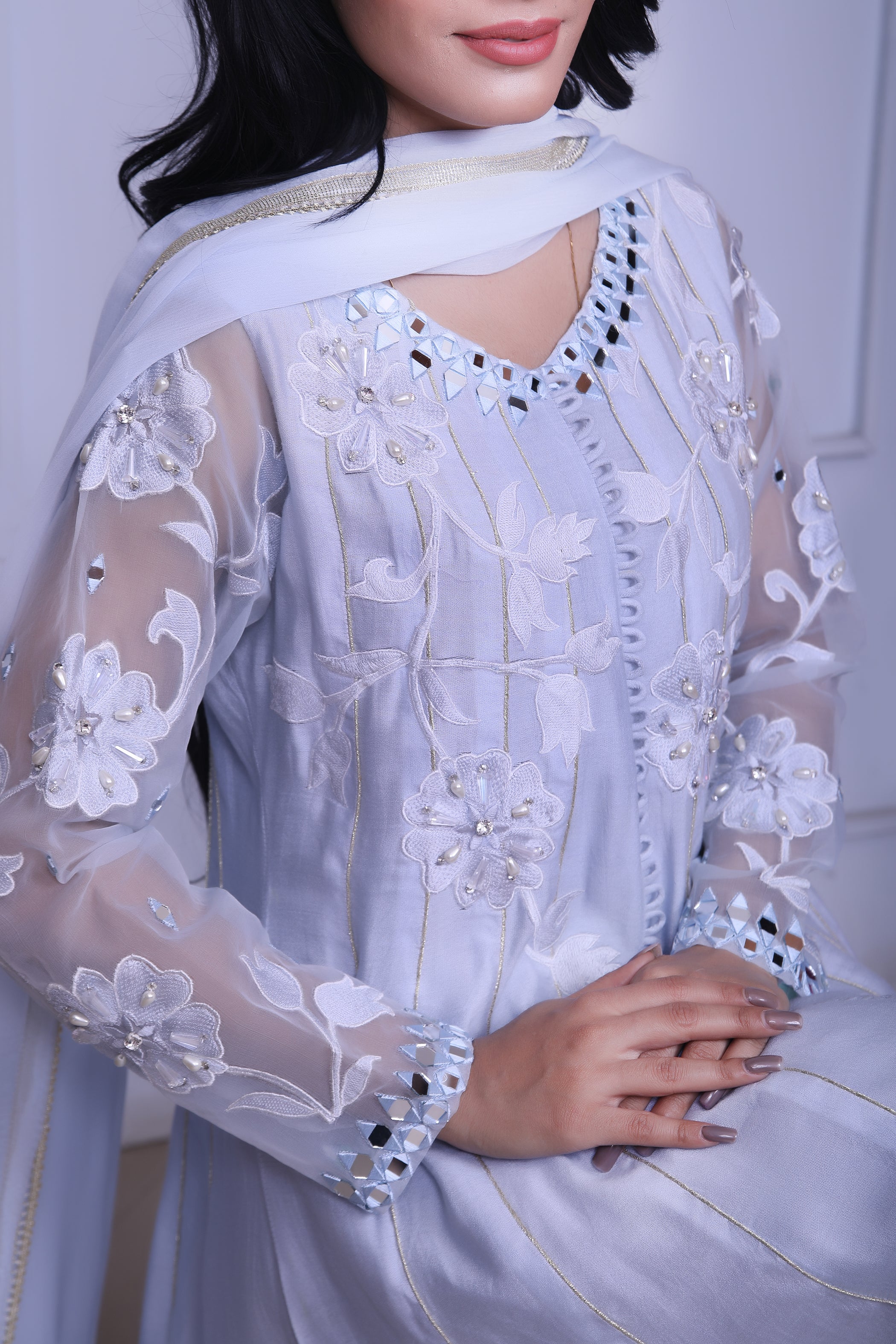 Ice Blue Embroidered Outfit - Henna Mehndi