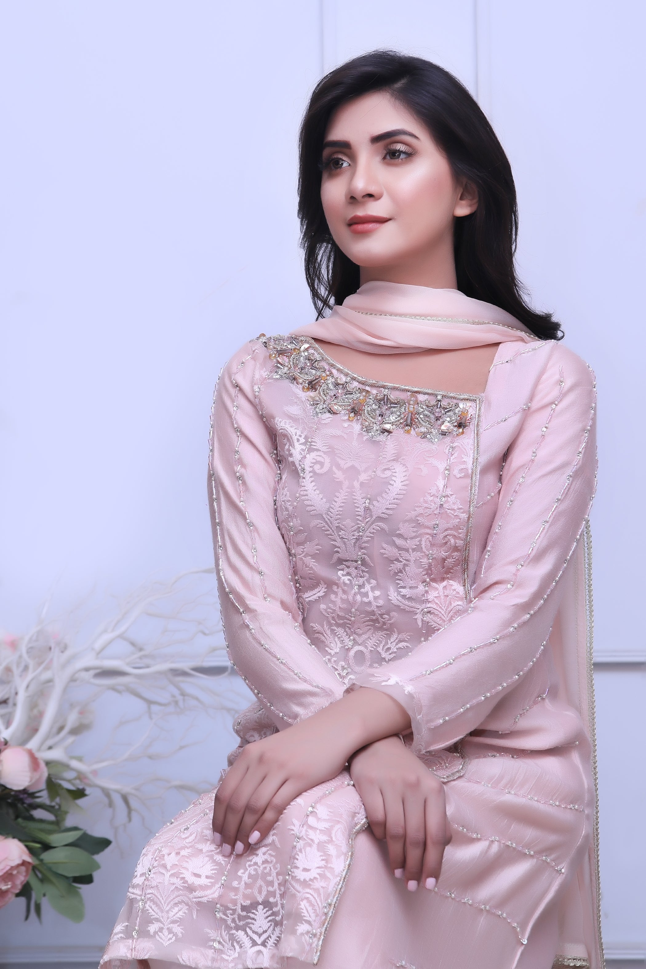 Pink Diamante Embroidered Outfit - Henna Mehndi