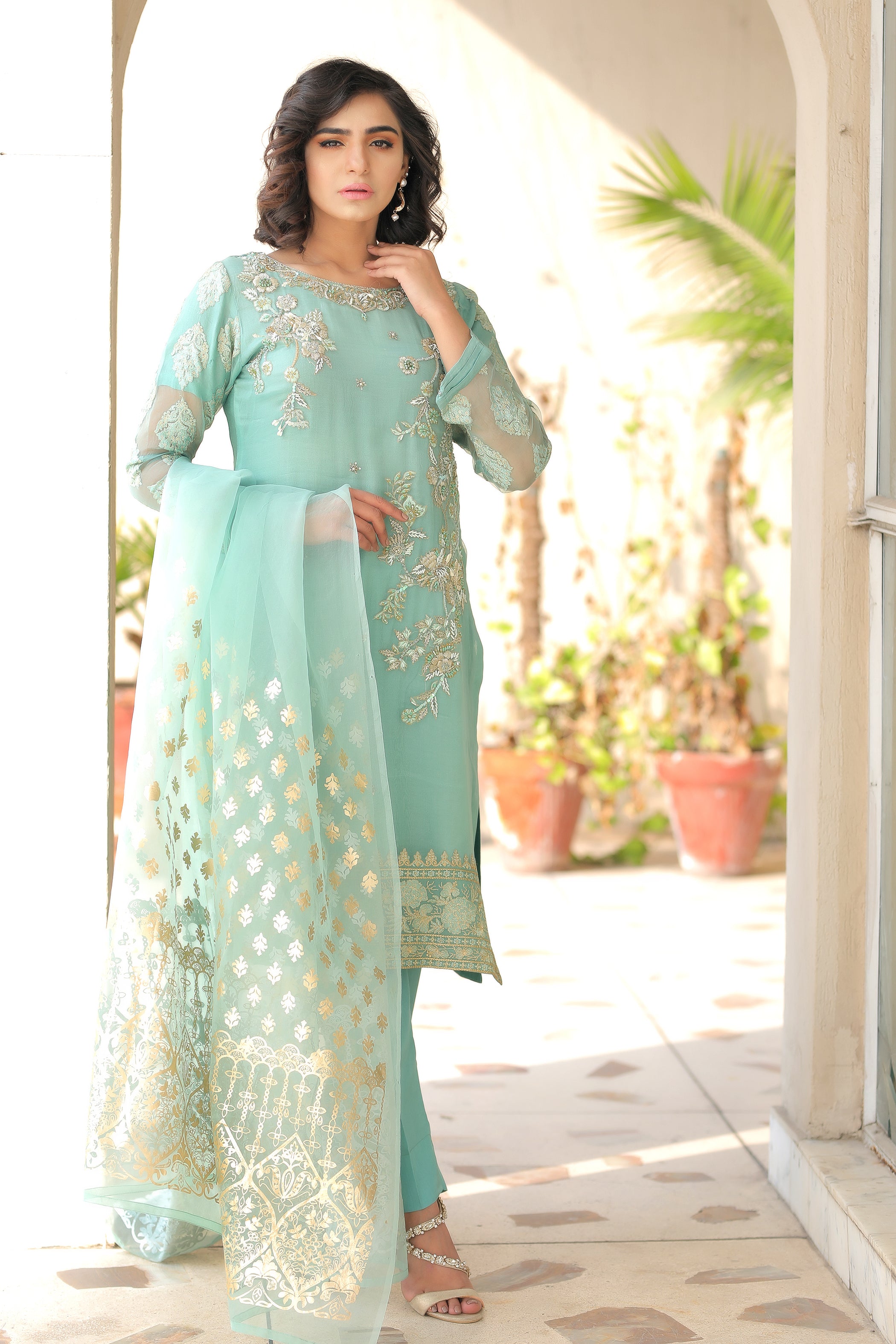 Mint Diamante Embroidered Outfit