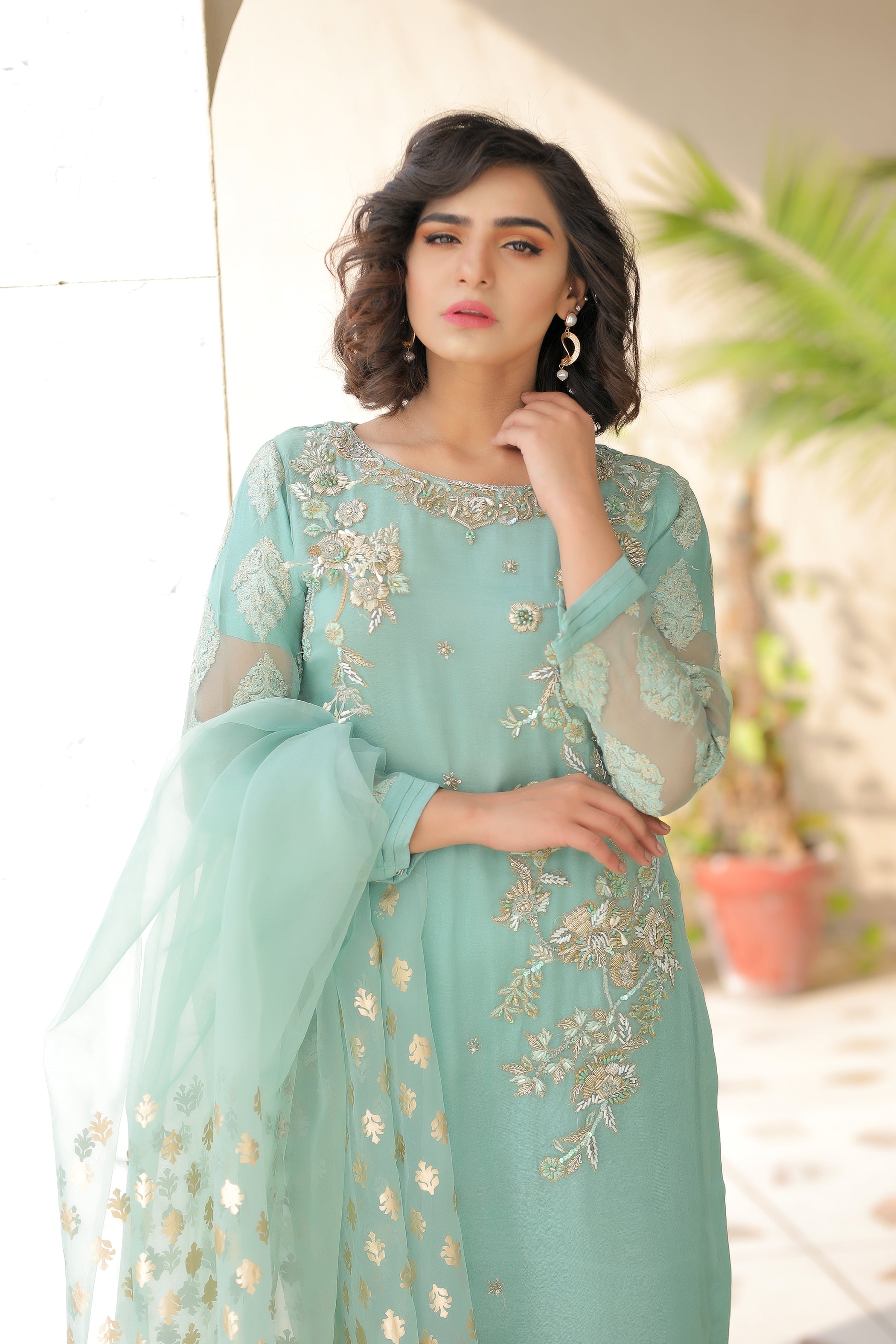 Mint Diamante Embroidered Outfit