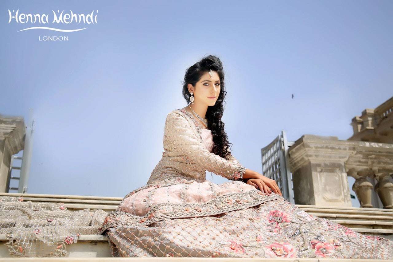 Light Pink Swarovski Crystal & Diamante Embroidered Bridal Outfit - Henna Mehndi