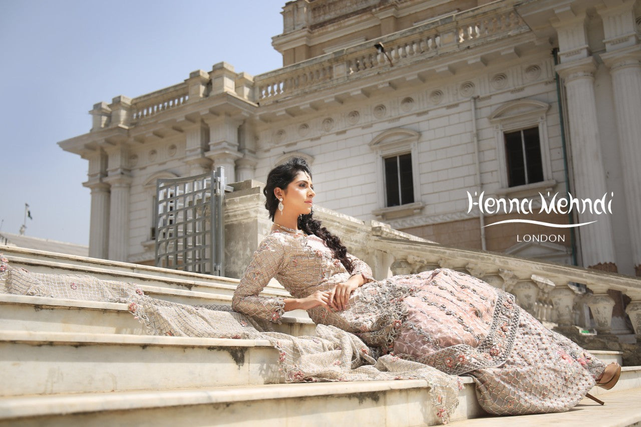 Light Pink Swarovski Crystal & Diamante Embroidered Bridal Outfit - Henna Mehndi