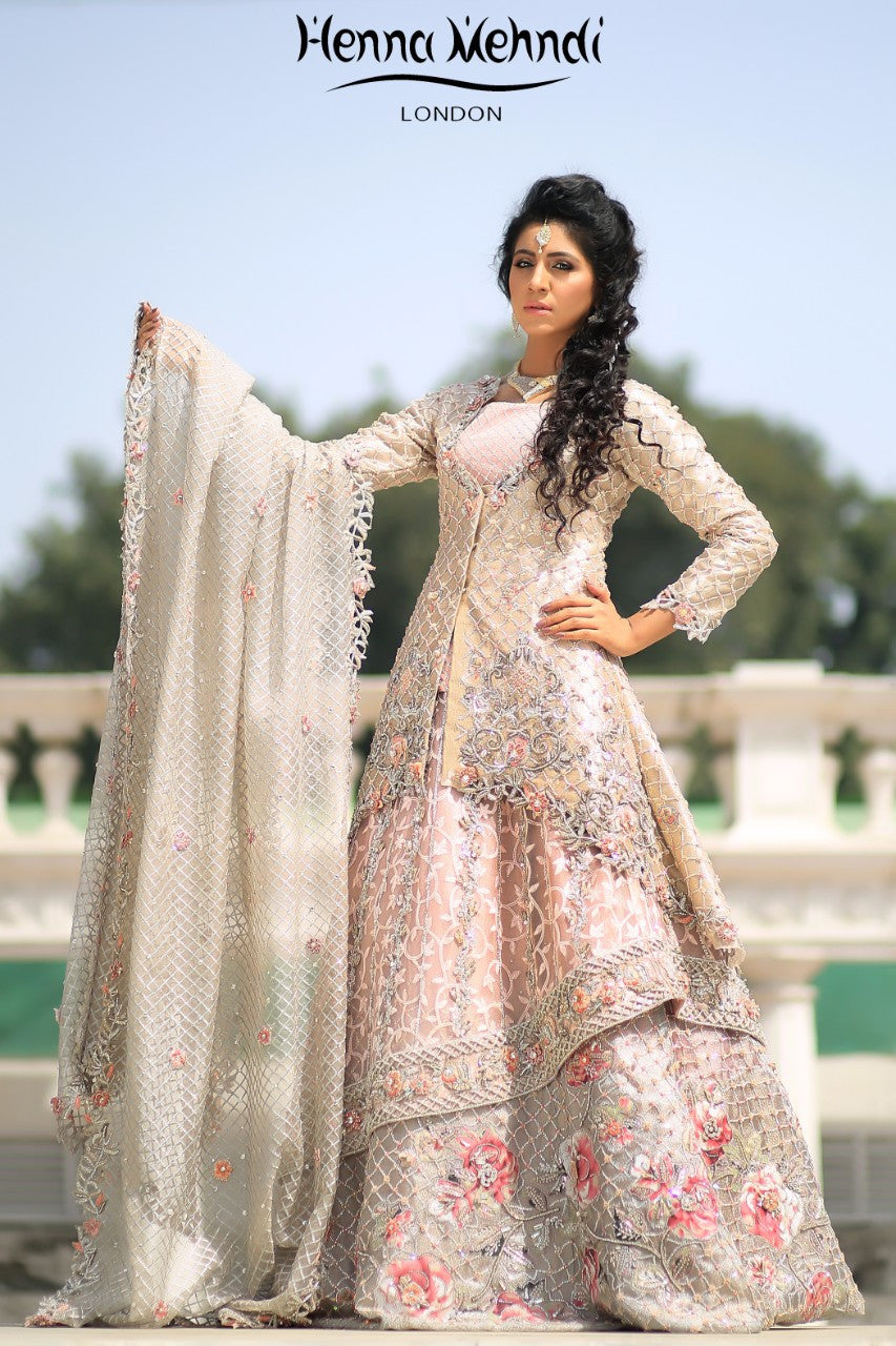Light Pink Swarovski Crystal & Diamante Embroidered Bridal Outfit - Henna Mehndi