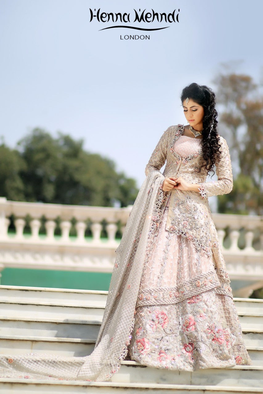 Light Pink Swarovski Crystal & Diamante Embroidered Bridal Outfit - Henna Mehndi
