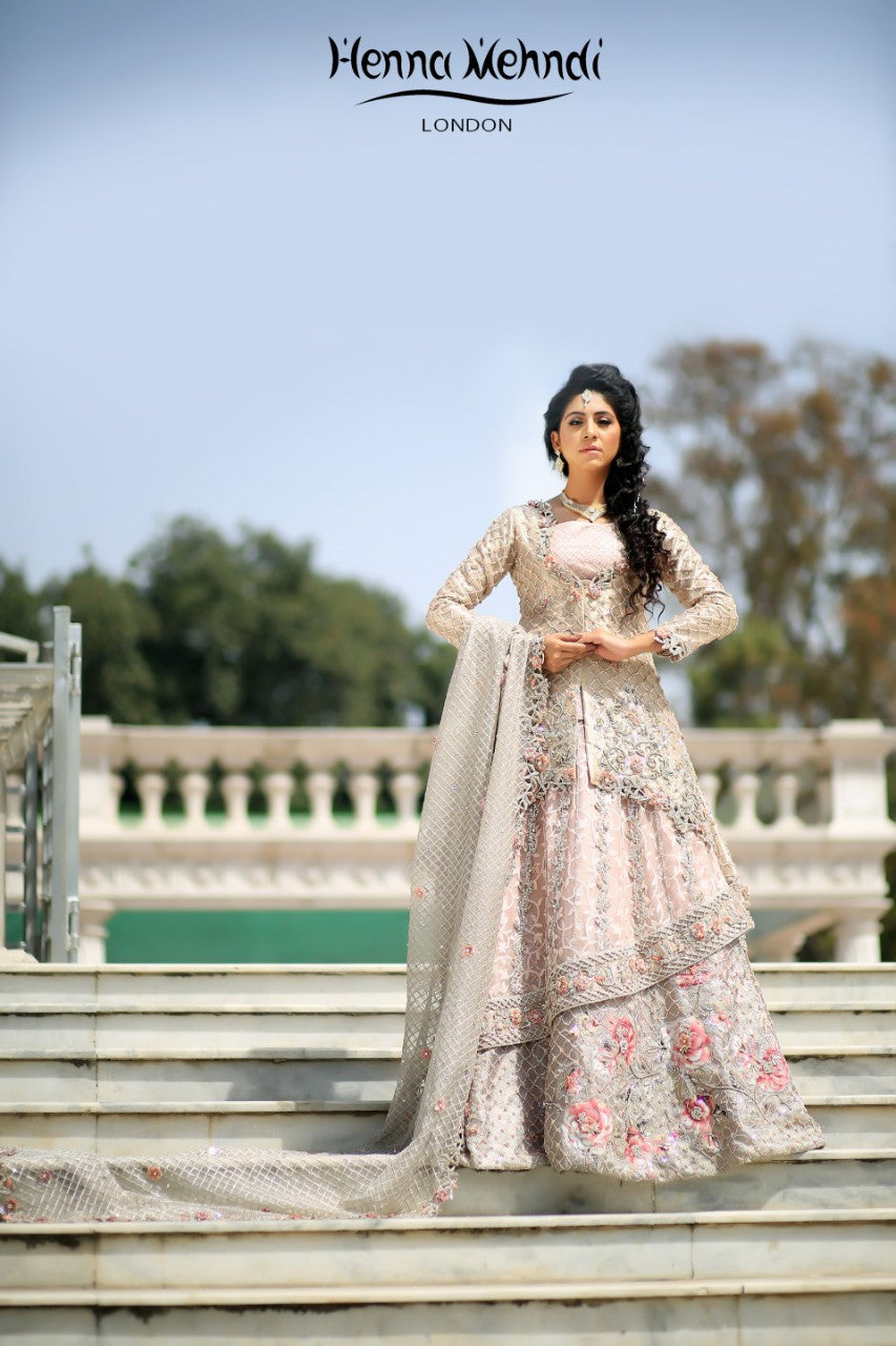 Light Pink Swarovski Crystal & Diamante Embroidered Bridal Outfit - Henna Mehndi