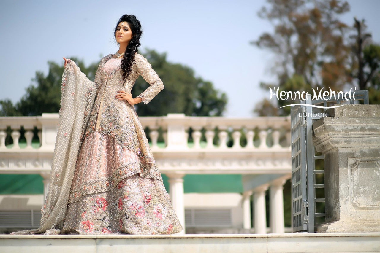 Light Pink Swarovski Crystal & Diamante Embroidered Bridal Outfit - Henna Mehndi