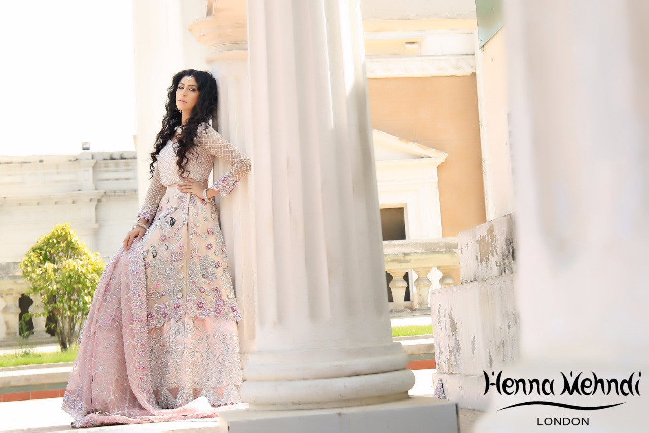 Light Pink Swarovski Crystal & Diamante Embroidered Bridal Outfit - Henna Mehndi