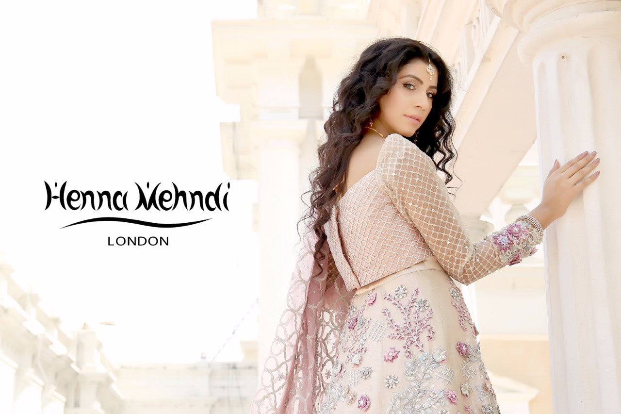 Light Pink Swarovski Crystal & Diamante Embroidered Bridal Outfit - Henna Mehndi