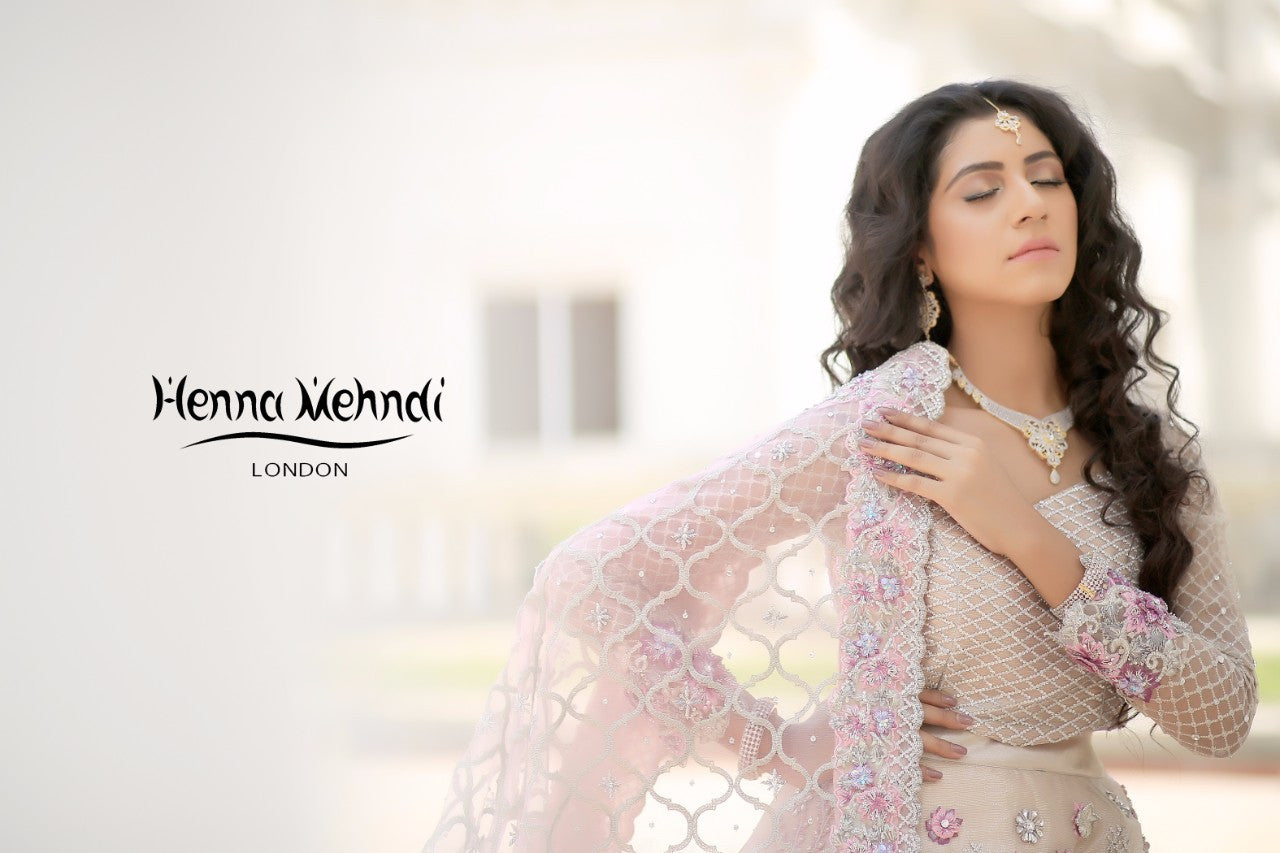 Light Pink Swarovski Crystal & Diamante Embroidered Bridal Outfit - Henna Mehndi