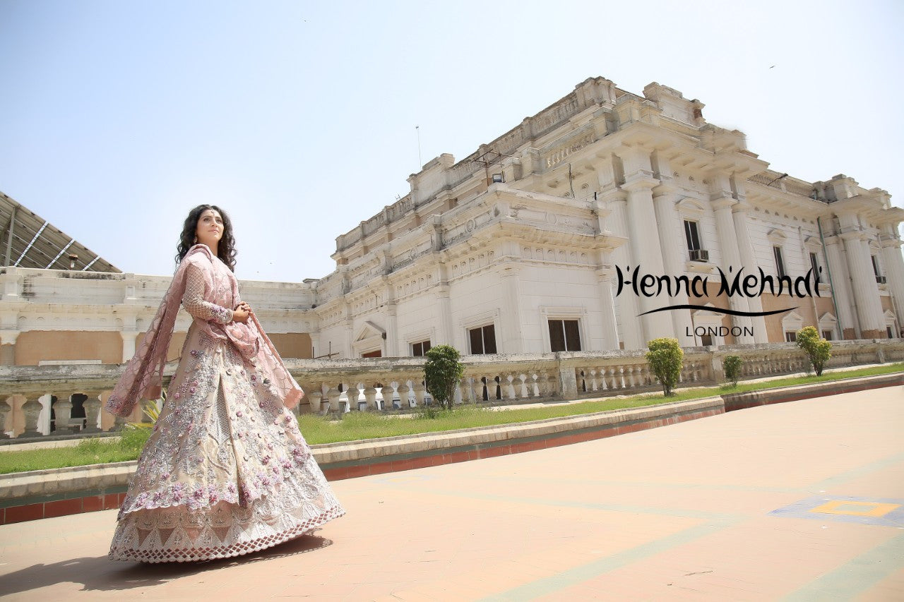 Light Pink Swarovski Crystal & Diamante Embroidered Bridal Outfit - Henna Mehndi