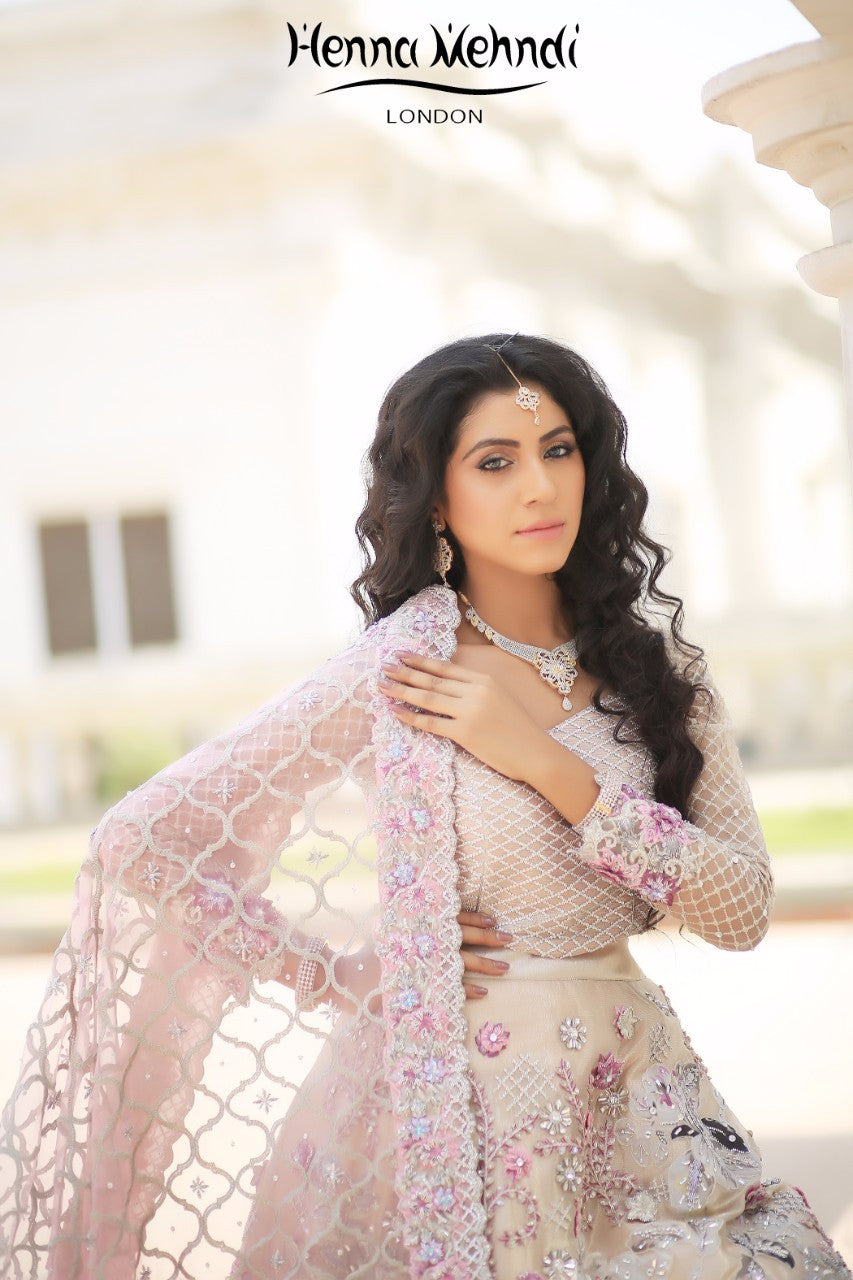 Light Pink Swarovski Crystal & Diamante Embroidered Bridal Outfit - Henna Mehndi