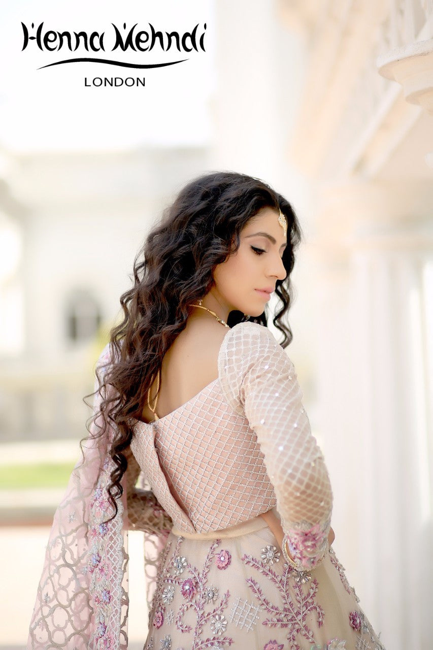 Light Pink Swarovski Crystal & Diamante Embroidered Bridal Outfit - Henna Mehndi