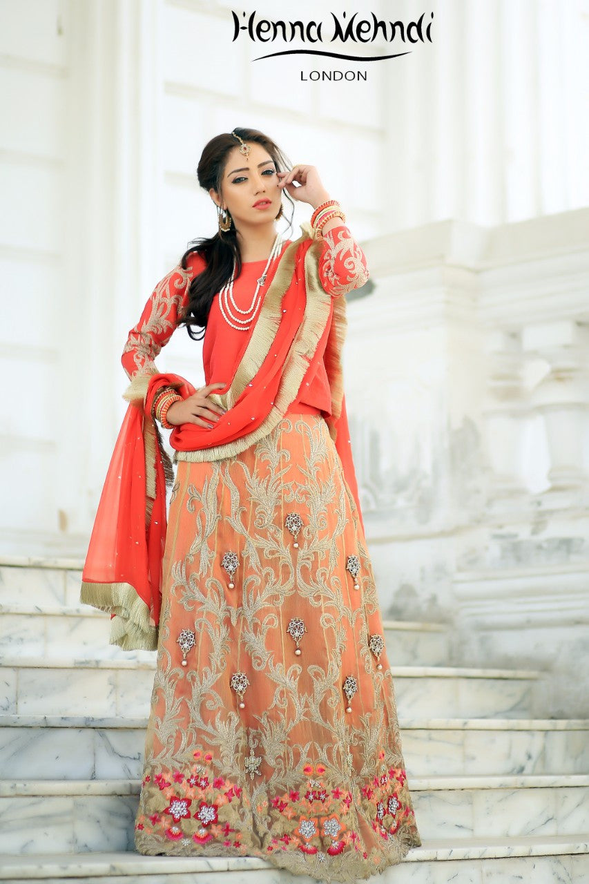 Gold & Coral Diamante Embroidered Lehnga Outfit - Henna Mehndi
